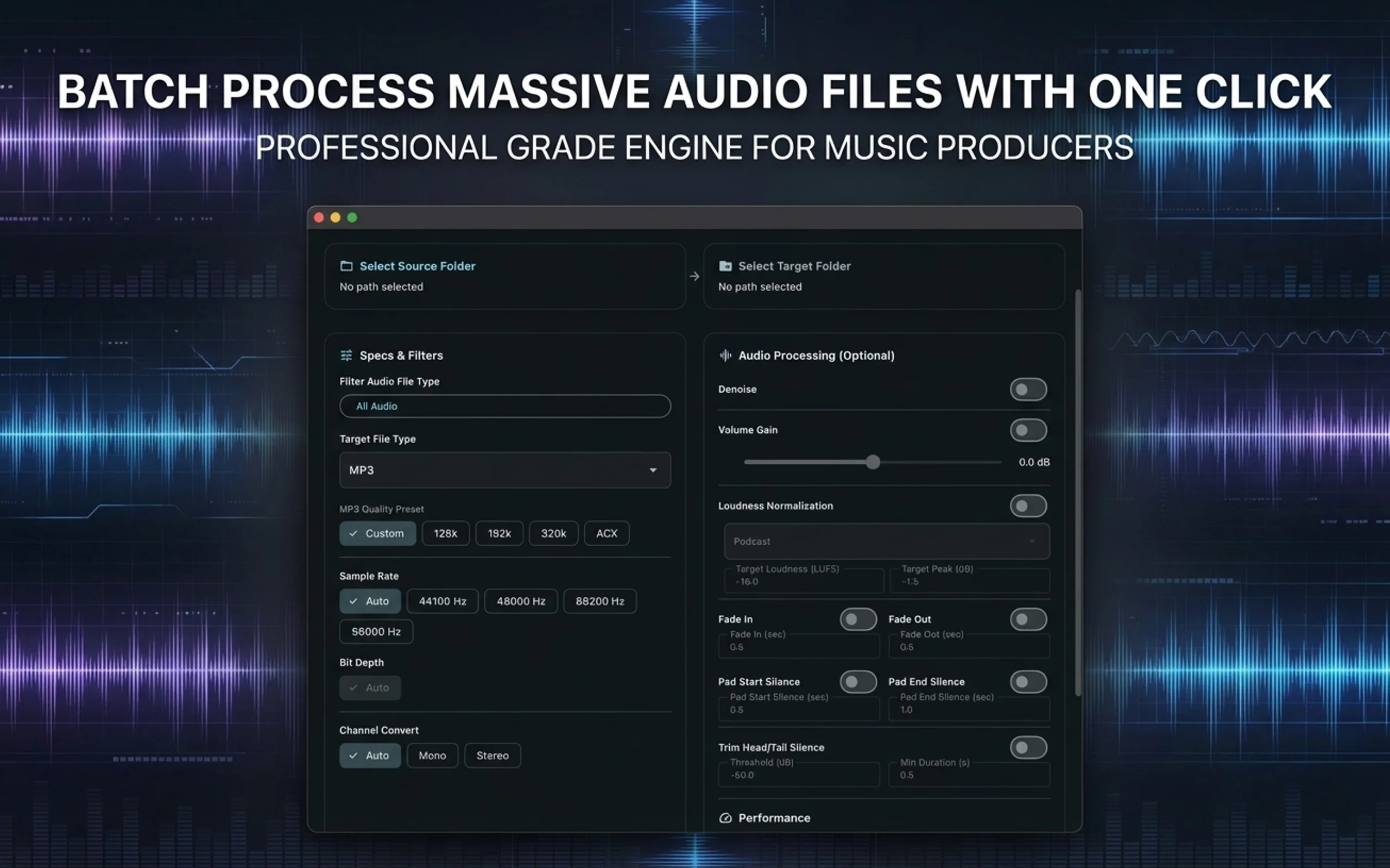 PureConvert Pro · The Exclusive Audio Batch Processing Tool for Music Professionals