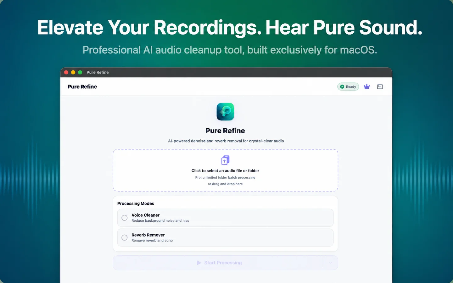 PureRefine · Professional-grade native audio tool for macOS and Windows to clean voice noise and reverb locally
