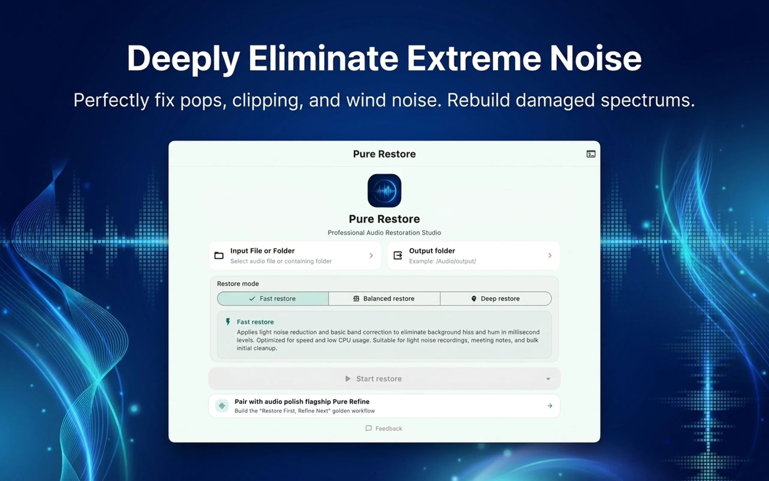 PureRestore · Professional-grade local audio restoration tool for macOS and Windows to reconstruct damaged spectrums and eliminate extreme noise